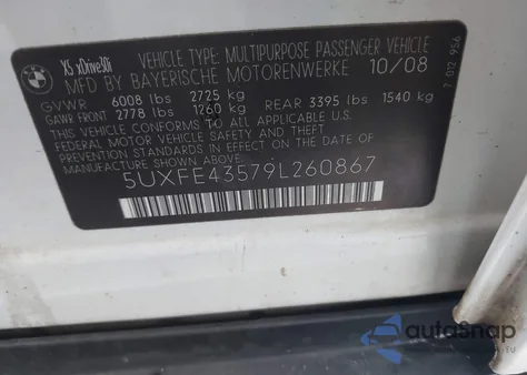 2009 BMW X5 xDrive30I z USA, uszkodzony, nr VIN 5UXFE43579L260867